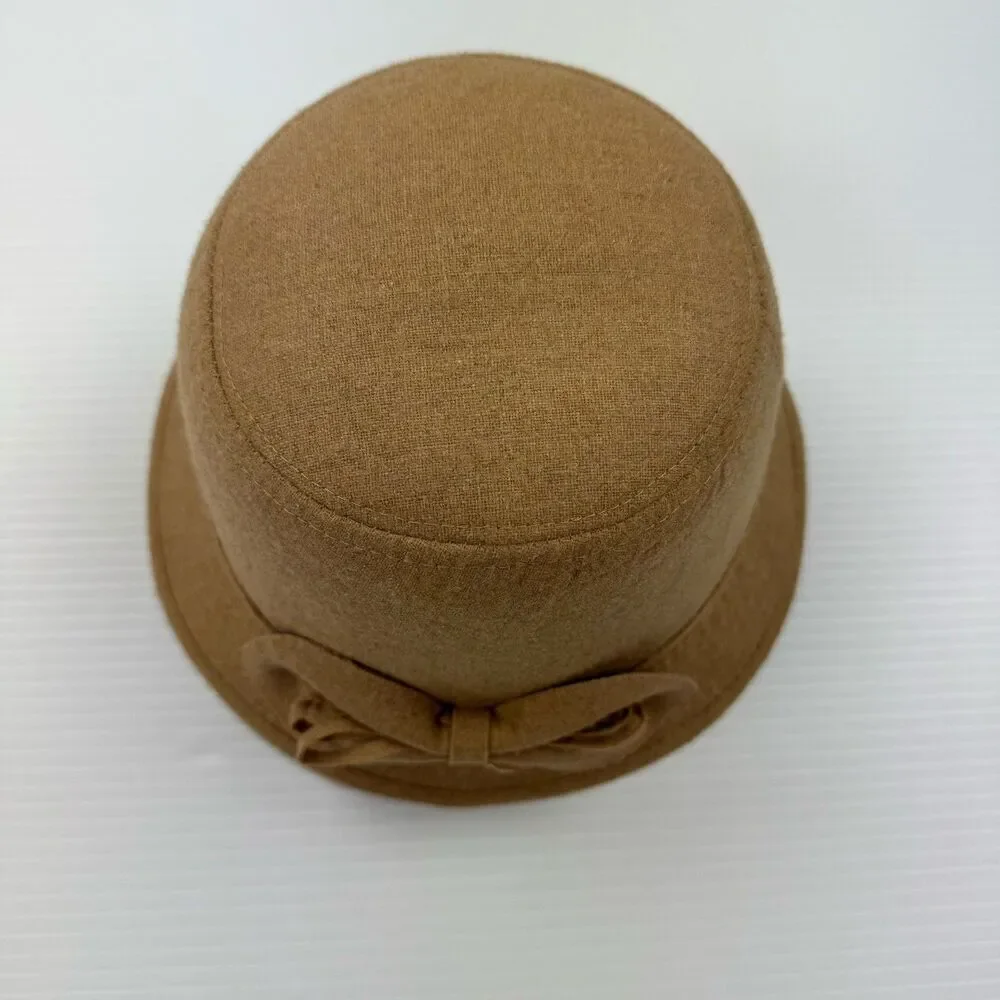 D&Y Camel Cloche Hat Bow Accent Women’s OS Polyester Cotton Blend Vintage Style